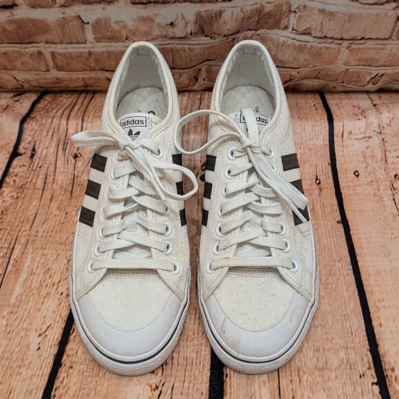 Adidas White Canvas Sneakers with Black Stripes Size 9 - Picture 2 of 10